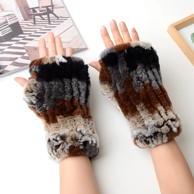 Winter Warm Real Fur Fingerless Gloves Women Knit Fur Mitten Girls 100% Real Genuine Knitted Rex Rabbit Fur Mittens
