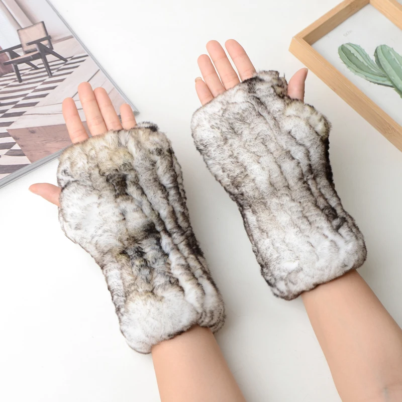 Winter Warm Real Fur Fingerless Gloves Women Knit Fur Mitten Girls 100% Real Genuine Knitted Rex Rabbit Fur Mittens