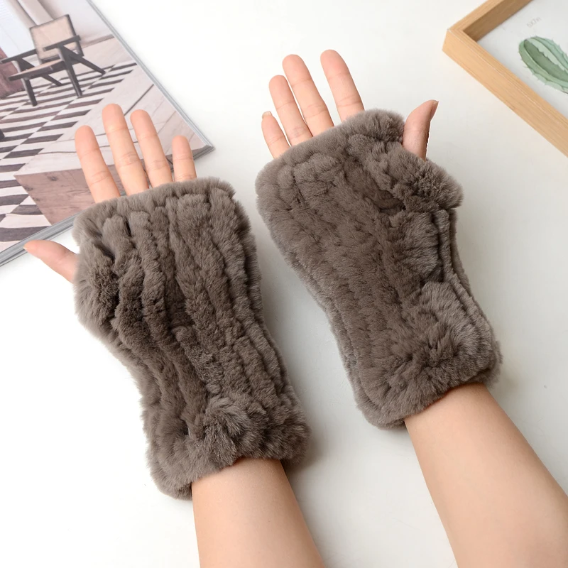 Winter Warm Real Fur Fingerless Gloves Women Knit Fur Mitten Girls 100% Real Genuine Knitted Rex Rabbit Fur Mittens