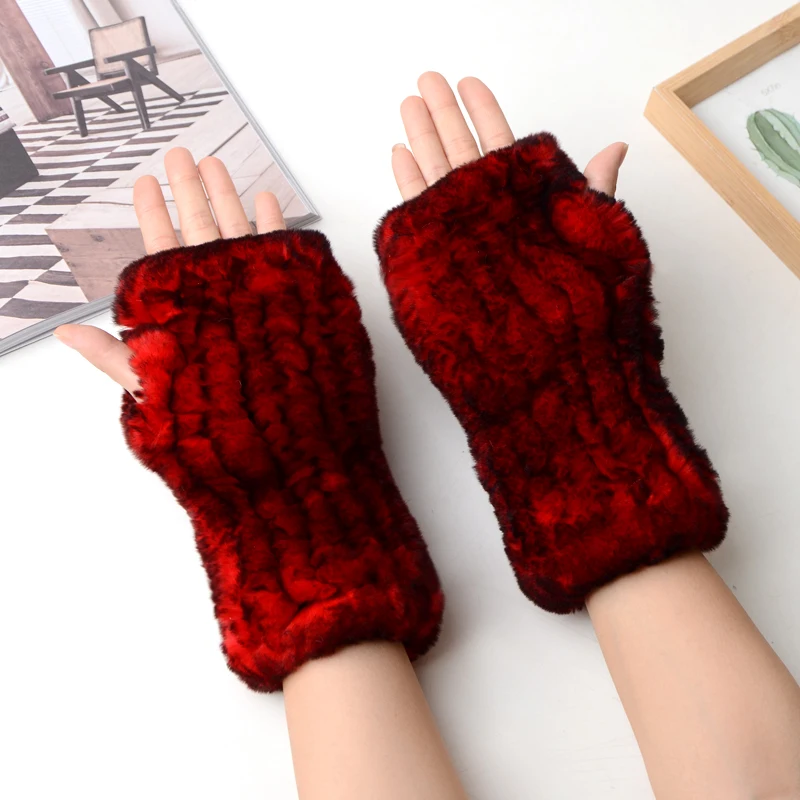 Winter Warm Real Fur Fingerless Gloves Women Knit Fur Mitten Girls 100% Real Genuine Knitted Rex Rabbit Fur Mittens
