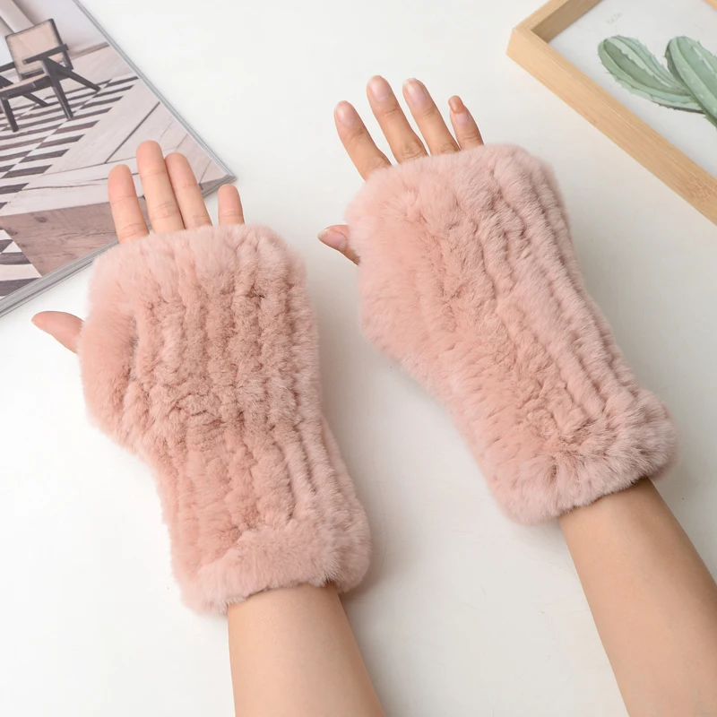 Winter Warm Real Fur Fingerless Gloves Women Knit Fur Mitten Girls 100% Real Genuine Knitted Rex Rabbit Fur Mittens