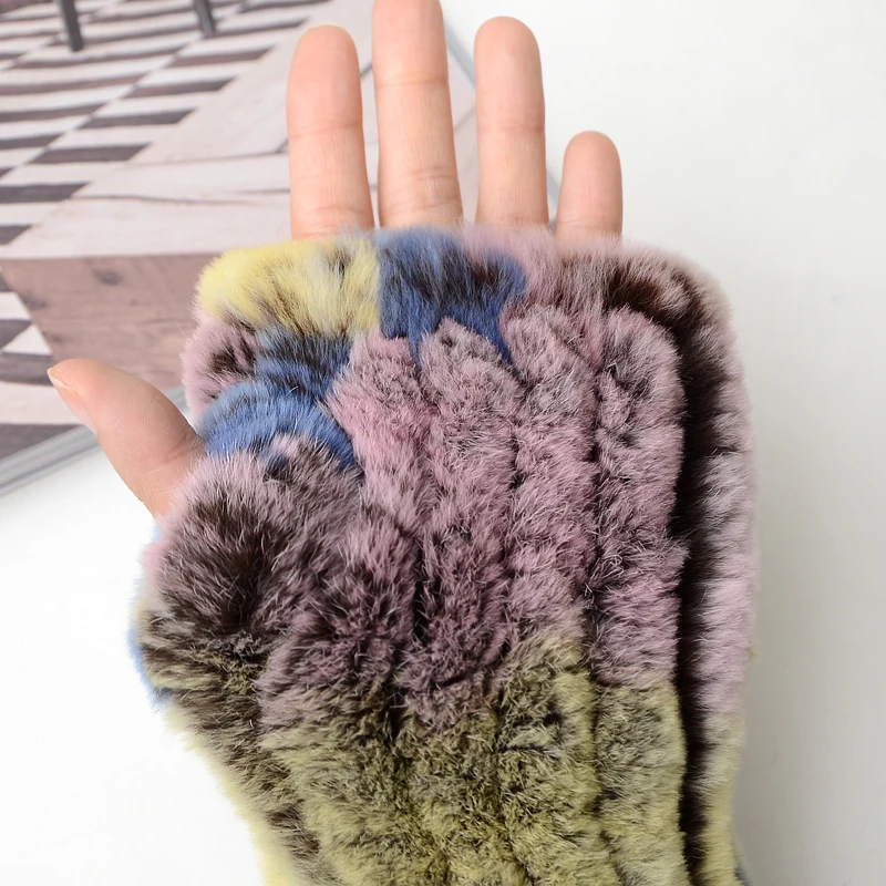 Winter Warm Real Fur Fingerless Gloves Women Knit Fur Mitten Girls 100% Real Genuine Knitted Rex Rabbit Fur Mittens