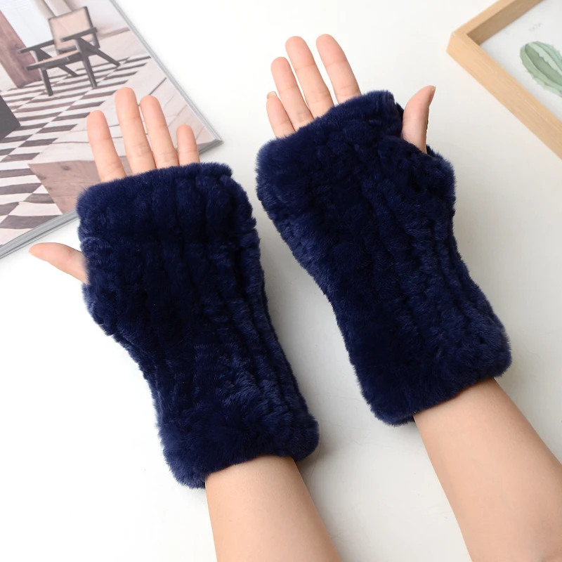 Winter Warm Real Fur Fingerless Gloves Women Knit Fur Mitten Girls 100% Real Genuine Knitted Rex Rabbit Fur Mittens