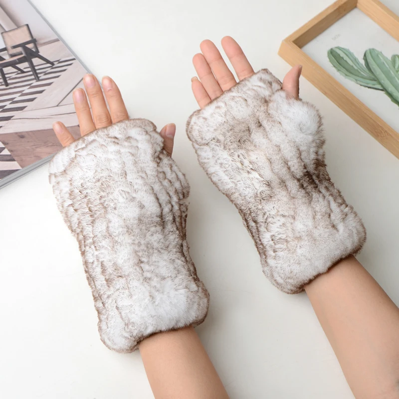 Winter Warm Real Fur Fingerless Gloves Women Knit Fur Mitten Girls 100% Real Genuine Knitted Rex Rabbit Fur Mittens