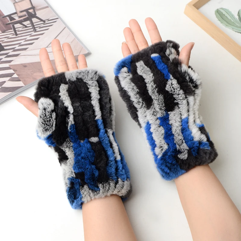 Winter Warm Real Fur Fingerless Gloves Women Knit Fur Mitten Girls 100% Real Genuine Knitted Rex Rabbit Fur Mittens