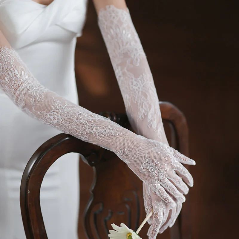 Women Sexy Thin Lace Flower White Black Long Gloves Transparent Mesh Eyelash Tulle Bridal Wedding Party Dress Accessories