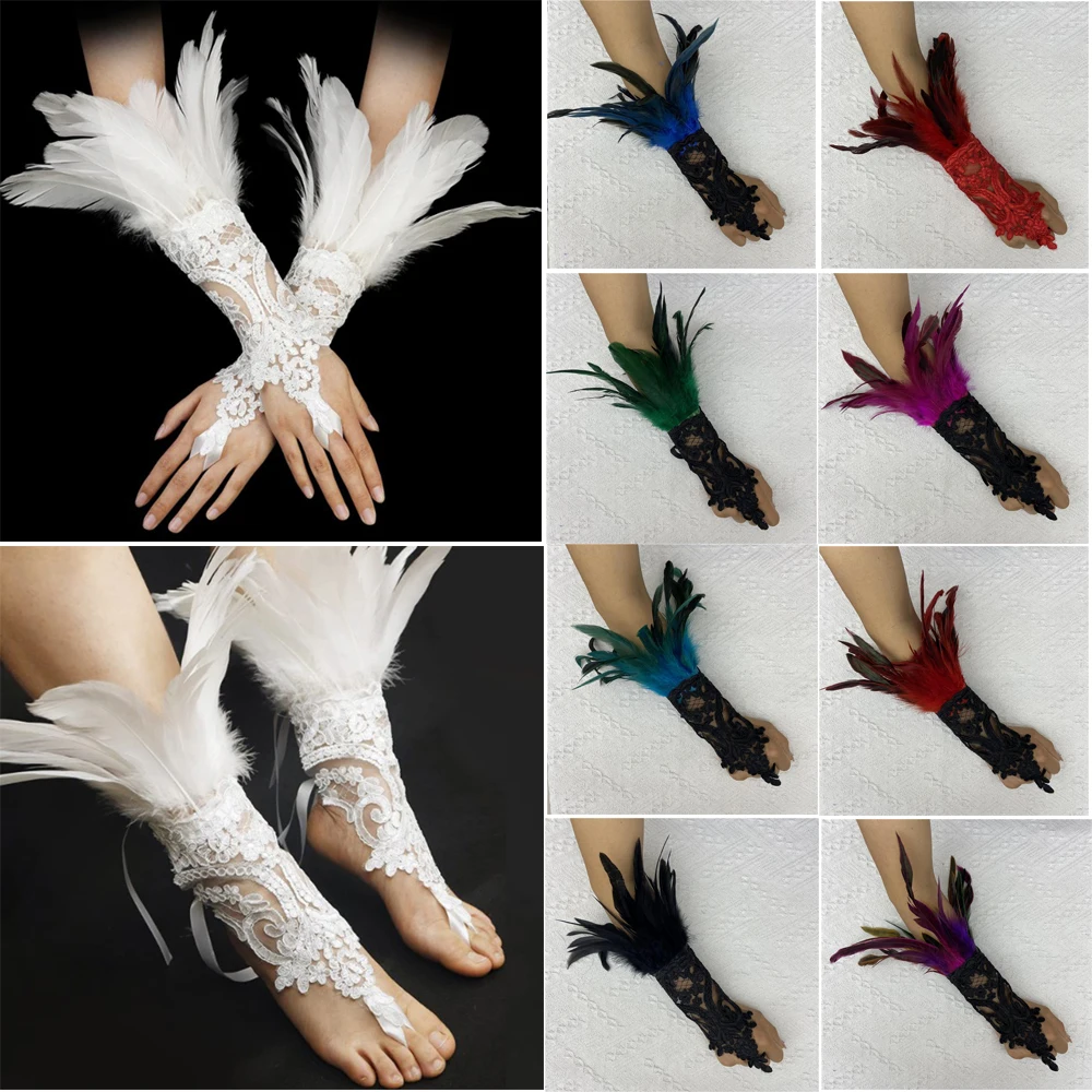 Fashion Feather Sleeve Cuffs Gloves Party Cosplay Lace Wrist Cuffs Fur Sleeve Furry Accessories Carnival Stage Show Costume
