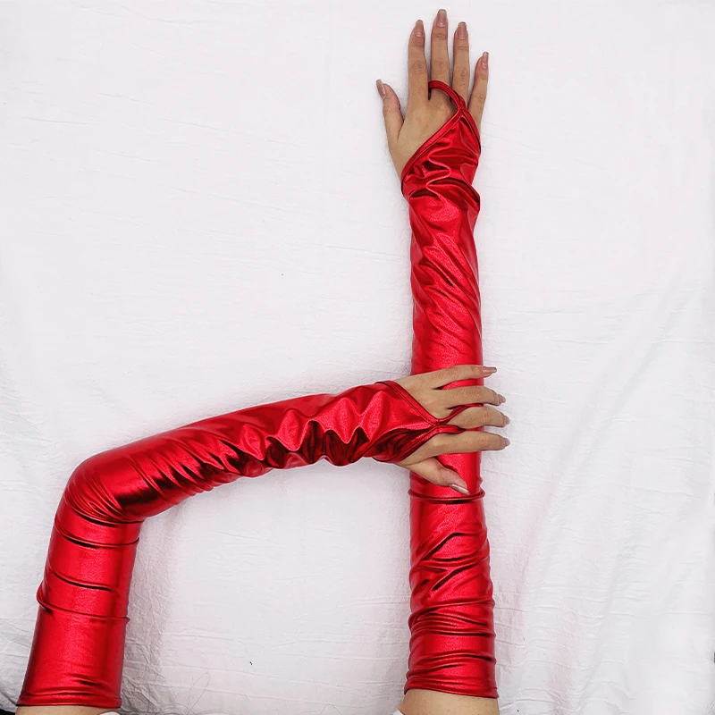 Women Ladies Wetlook Metallic Fingerless Latex Mittens Patent Leather Elbow Length Long Gloves Sexy Party Night Club Dancewear