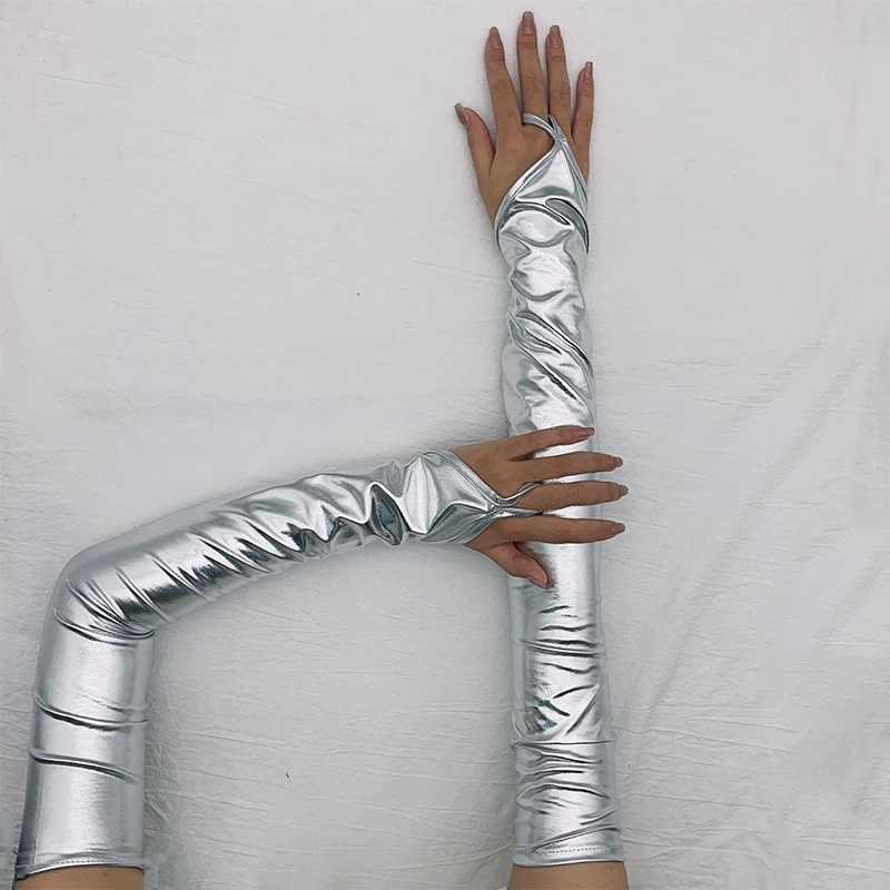 Women Ladies Wetlook Metallic Fingerless Latex Mittens Patent Leather Elbow Length Long Gloves Sexy Party Night Club Dancewear