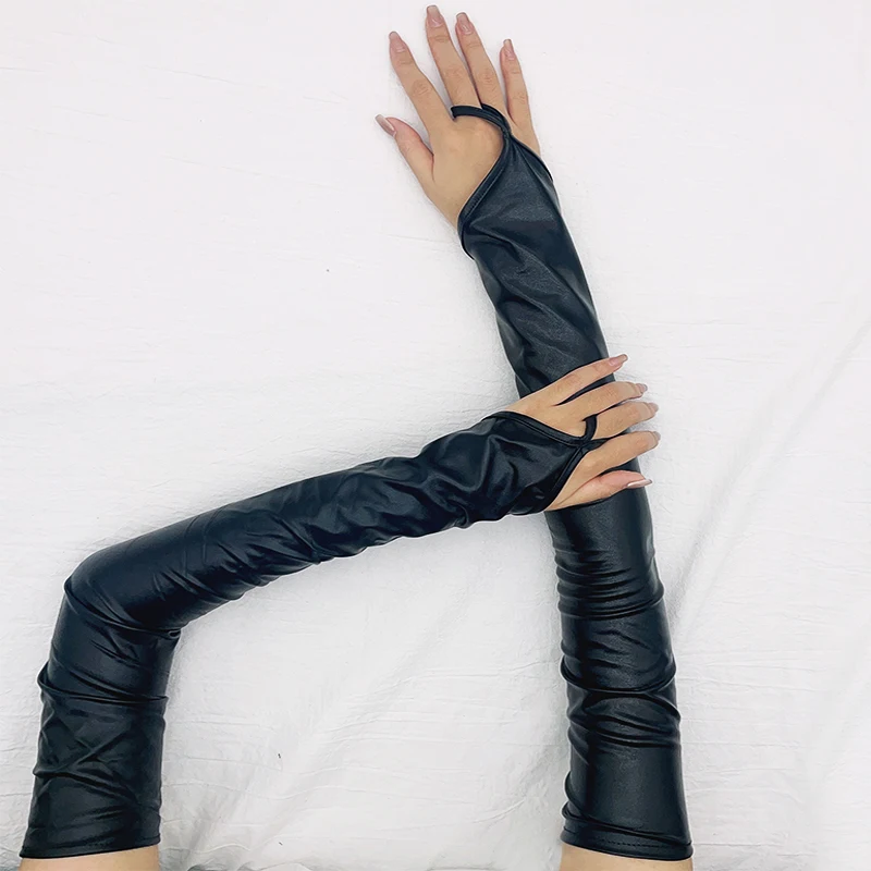 Women Ladies Wetlook Metallic Fingerless Latex Mittens Patent Leather Elbow Length Long Gloves Sexy Party Night Club Dancewear