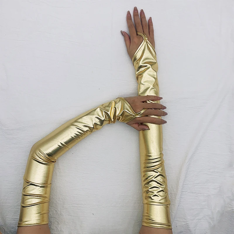 Women Ladies Wetlook Metallic Fingerless Latex Mittens Patent Leather Elbow Length Long Gloves Sexy Party Night Club Dancewear