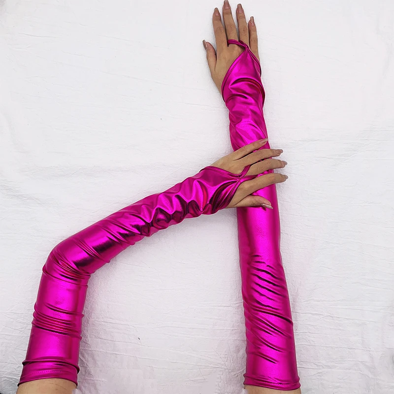 Women Ladies Wetlook Metallic Fingerless Latex Mittens Patent Leather Elbow Length Long Gloves Sexy Party Night Club Dancewear