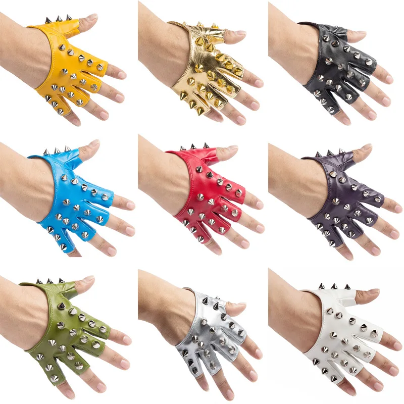 Sexy Men Women Gothic Rivet Punk Rock Street Break Dance Show Half Finger Glove Night Club Pole Hip Hop PU Leather Mitten P42