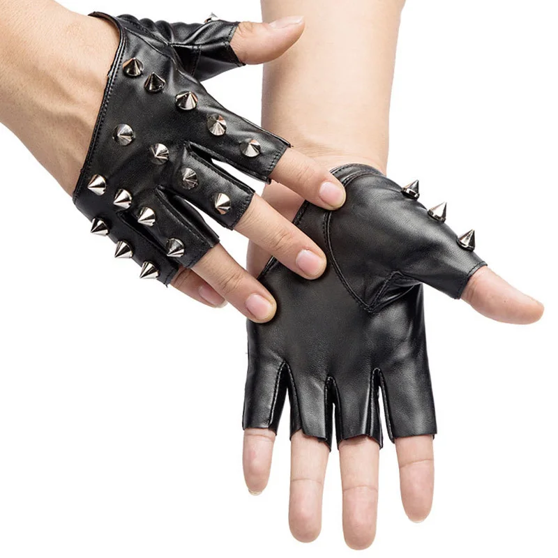 Sexy Men Women Gothic Rivet Punk Rock Street Break Dance Show Half Finger Glove Night Club Pole Hip Hop PU Leather Mitten P42