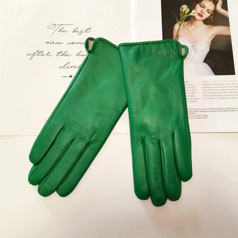 New Women's Leather Color Gloves Sheepskin Classic Straight Style Knitted Lining Spring Driving Mittens Autumn