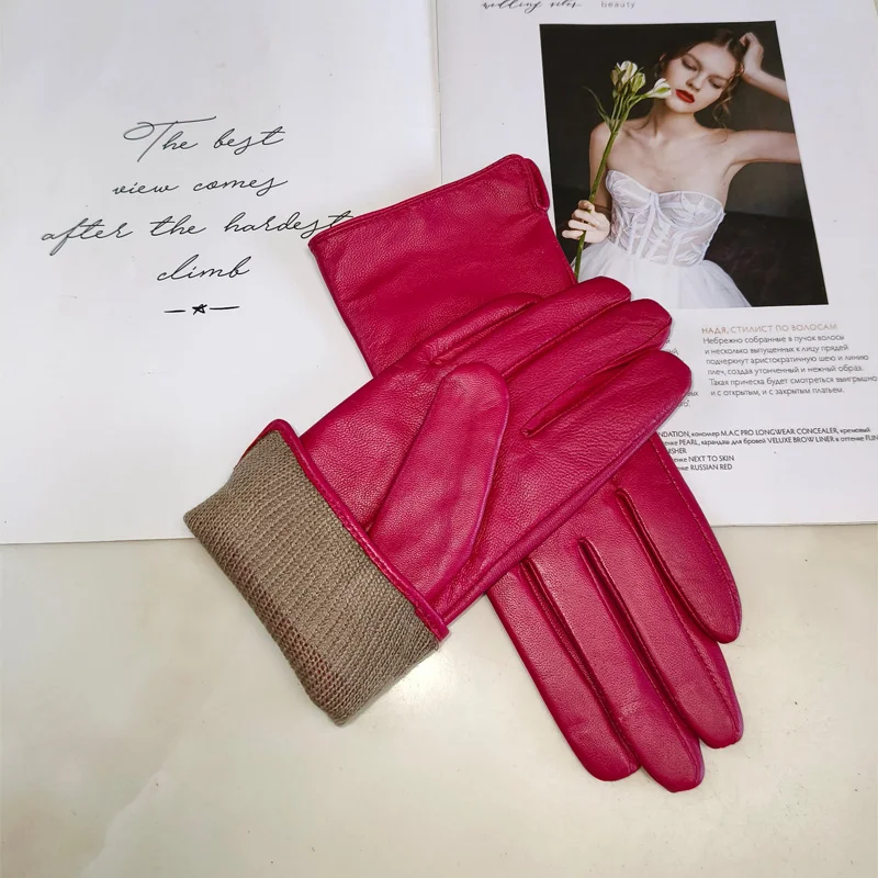 New Women's Leather Color Gloves Sheepskin Classic Straight Style Knitted Lining Spring Driving Mittens Autumn