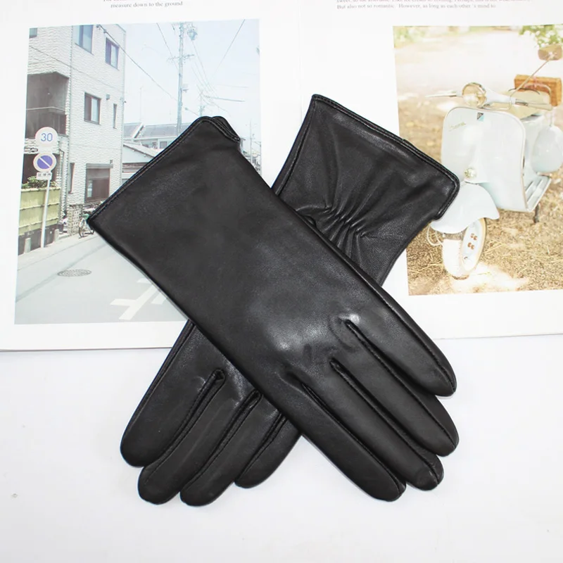 New Women's Leather Color Gloves Sheepskin Classic Straight Style Knitted Lining Spring Driving Mittens Autumn