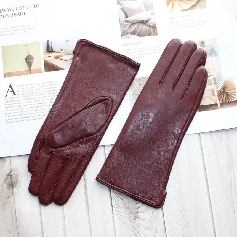 New Women's Leather Color Gloves Sheepskin Classic Straight Style Knitted Lining Spring Driving Mittens Autumn