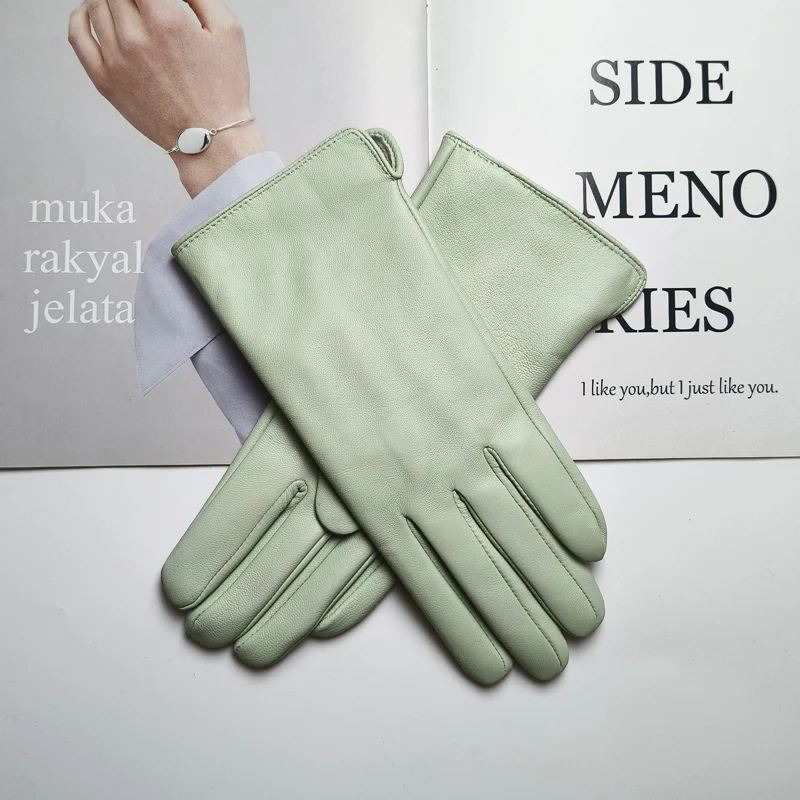 New Women's Leather Color Gloves Sheepskin Classic Straight Style Knitted Lining Spring Driving Mittens Autumn