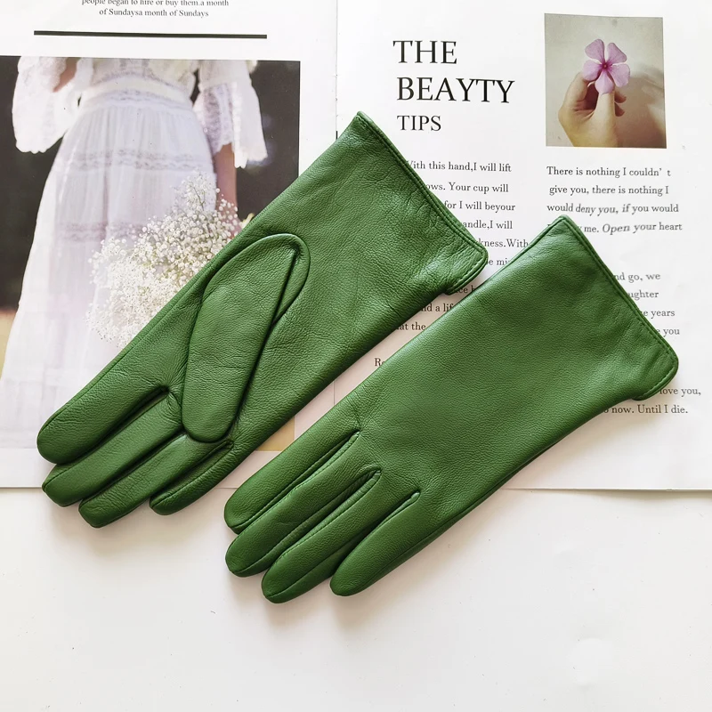 New Women's Leather Color Gloves Sheepskin Classic Straight Style Knitted Lining Spring Driving Mittens Autumn
