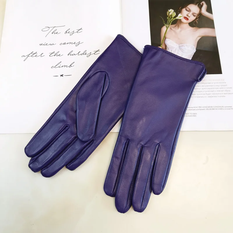New Women's Leather Color Gloves Sheepskin Classic Straight Style Knitted Lining Spring Driving Mittens Autumn