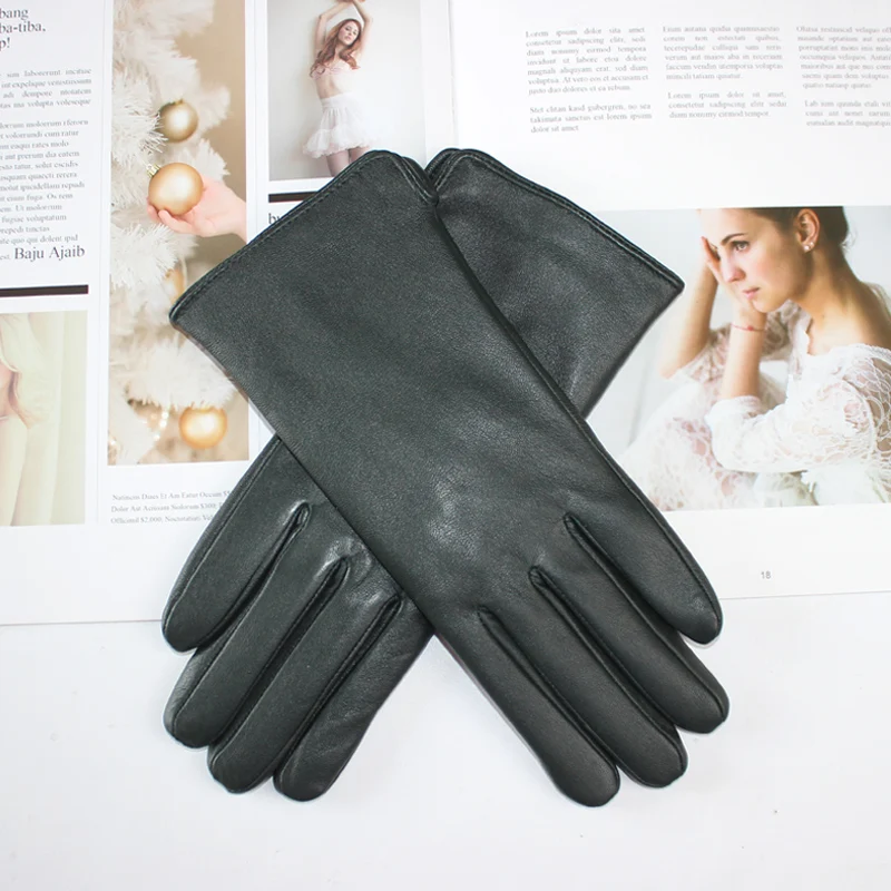 New Women's Leather Color Gloves Sheepskin Classic Straight Style Knitted Lining Spring Driving Mittens Autumn