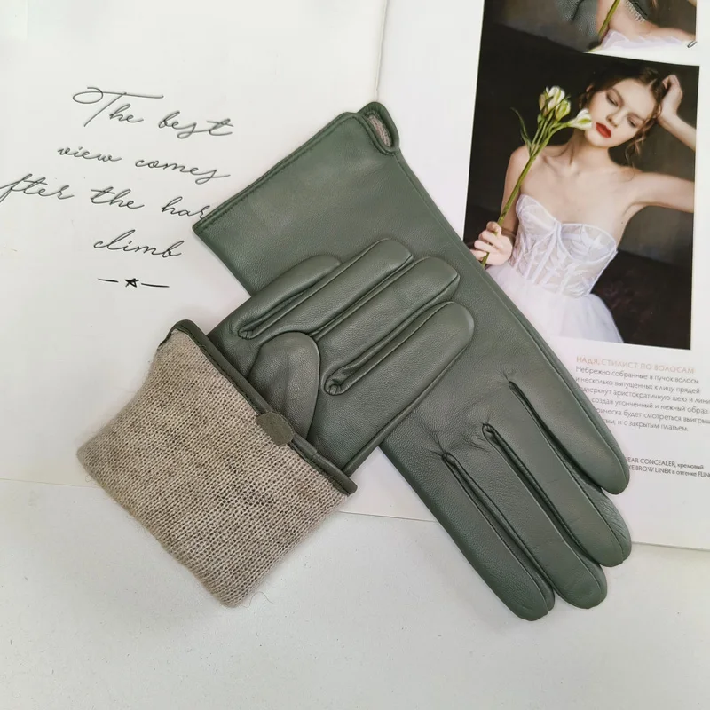 New Women's Leather Color Gloves Sheepskin Classic Straight Style Knitted Lining Spring Driving Mittens Autumn