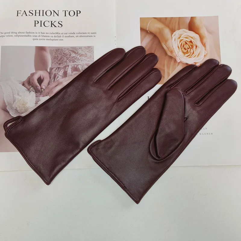 New Women's Leather Color Gloves Sheepskin Classic Straight Style Knitted Lining Spring Driving Mittens Autumn