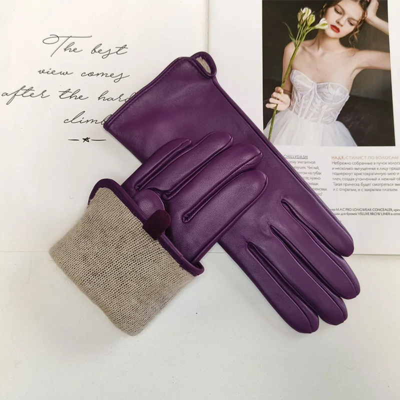 New Women's Leather Color Gloves Sheepskin Classic Straight Style Knitted Lining Spring Driving Mittens Autumn