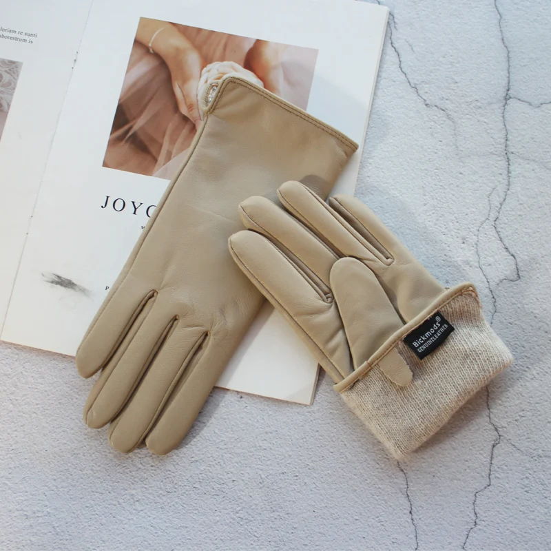 New Women's Leather Color Gloves Sheepskin Classic Straight Style Knitted Lining Spring Driving Mittens Autumn