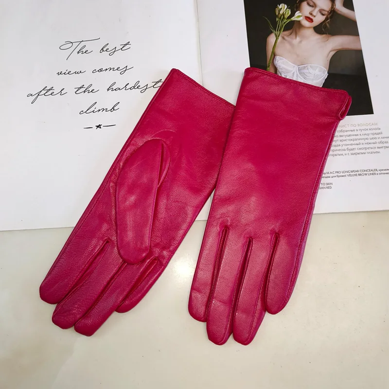 New Women's Leather Color Gloves Sheepskin Classic Straight Style Knitted Lining Spring Driving Mittens Autumn