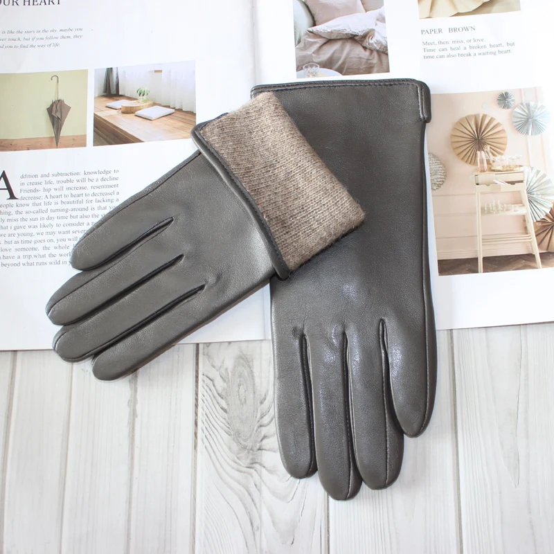 New Women's Leather Color Gloves Sheepskin Classic Straight Style Knitted Lining Spring Driving Mittens Autumn