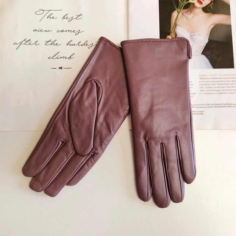 New Women's Leather Color Gloves Sheepskin Classic Straight Style Knitted Lining Spring Driving Mittens Autumn