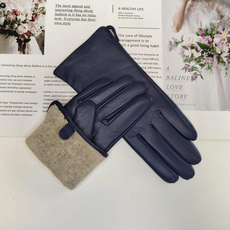 New Women's Leather Color Gloves Sheepskin Classic Straight Style Knitted Lining Spring Driving Mittens Autumn