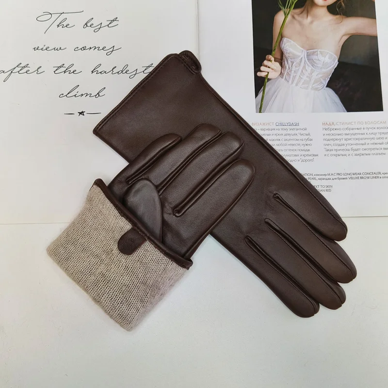 New Women's Leather Color Gloves Sheepskin Classic Straight Style Knitted Lining Spring Driving Mittens Autumn
