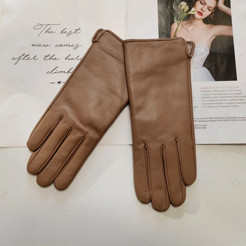 New Women's Leather Color Gloves Sheepskin Classic Straight Style Knitted Lining Spring Driving Mittens Autumn
