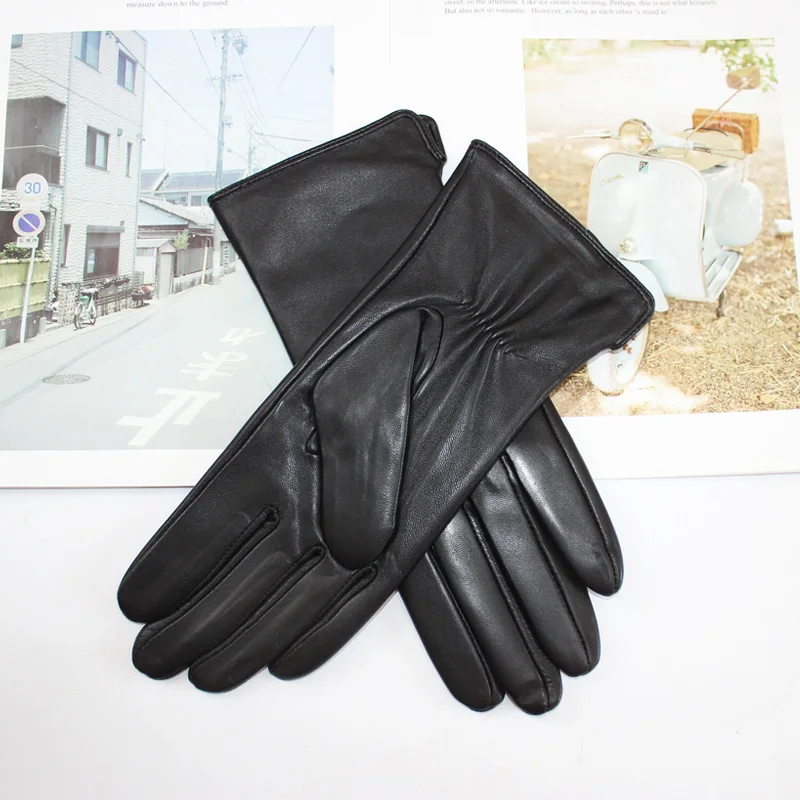 New Women's Leather Color Gloves Sheepskin Classic Straight Style Knitted Lining Spring Driving Mittens Autumn