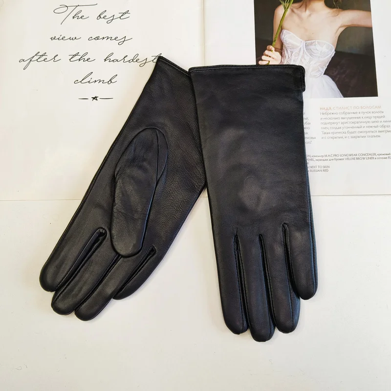 New Women's Leather Color Gloves Sheepskin Classic Straight Style Knitted Lining Spring Driving Mittens Autumn