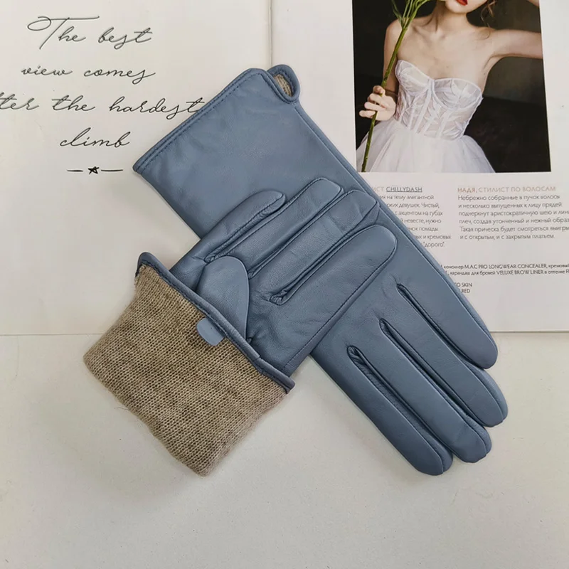 New Women's Leather Color Gloves Sheepskin Classic Straight Style Knitted Lining Spring Driving Mittens Autumn