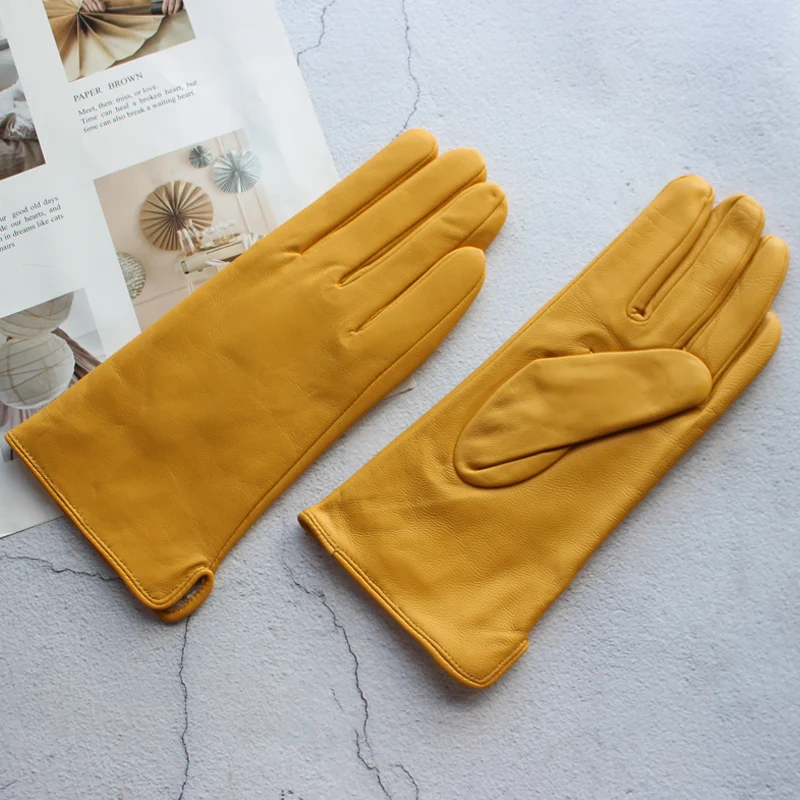 New Women's Leather Color Gloves Sheepskin Classic Straight Style Knitted Lining Spring Driving Mittens Autumn
