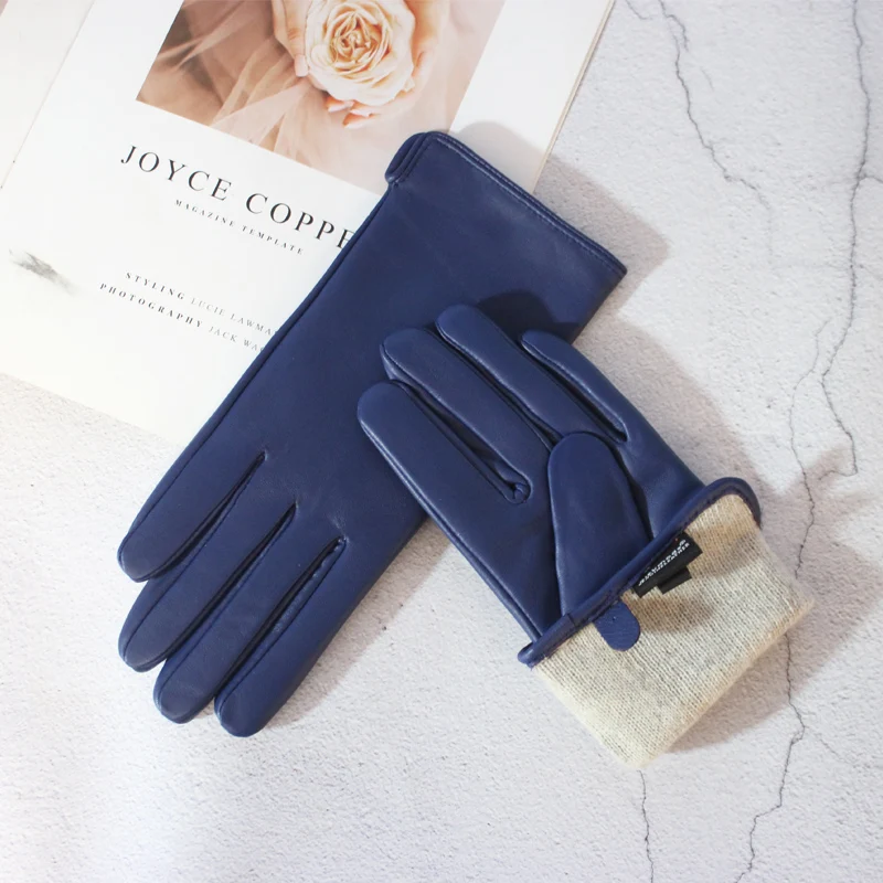 New Women's Leather Color Gloves Sheepskin Classic Straight Style Knitted Lining Spring Driving Mittens Autumn