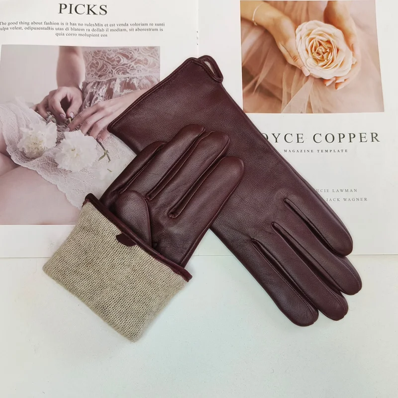 New Women's Leather Color Gloves Sheepskin Classic Straight Style Knitted Lining Spring Driving Mittens Autumn
