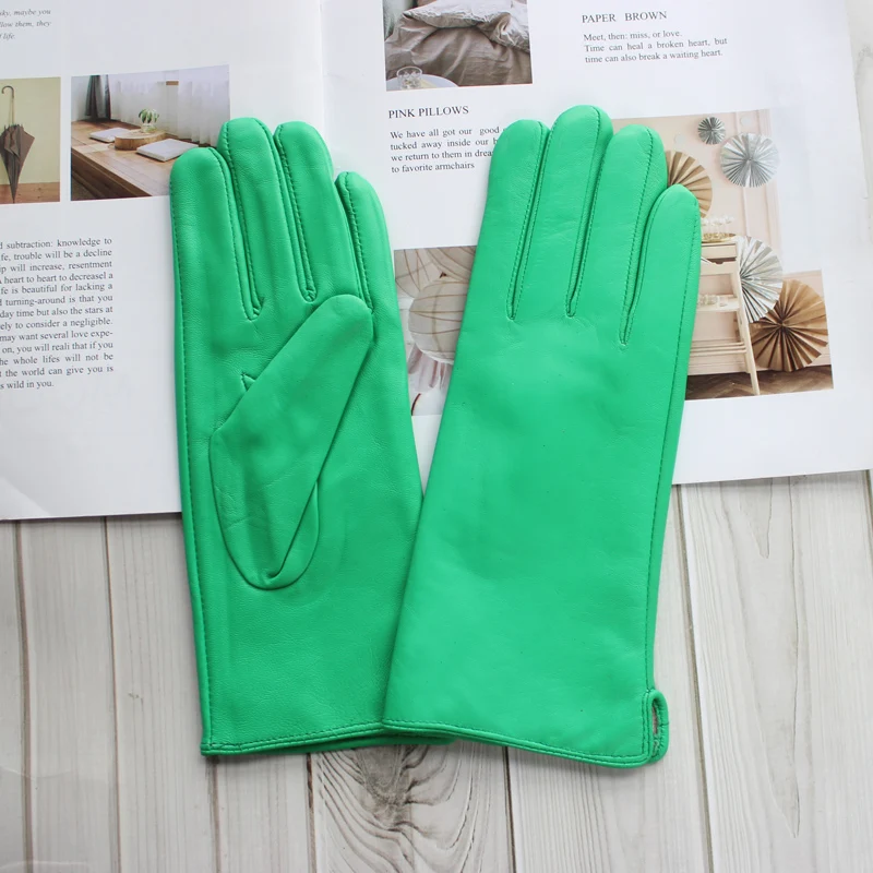 New Women's Leather Color Gloves Sheepskin Classic Straight Style Knitted Lining Spring Driving Mittens Autumn