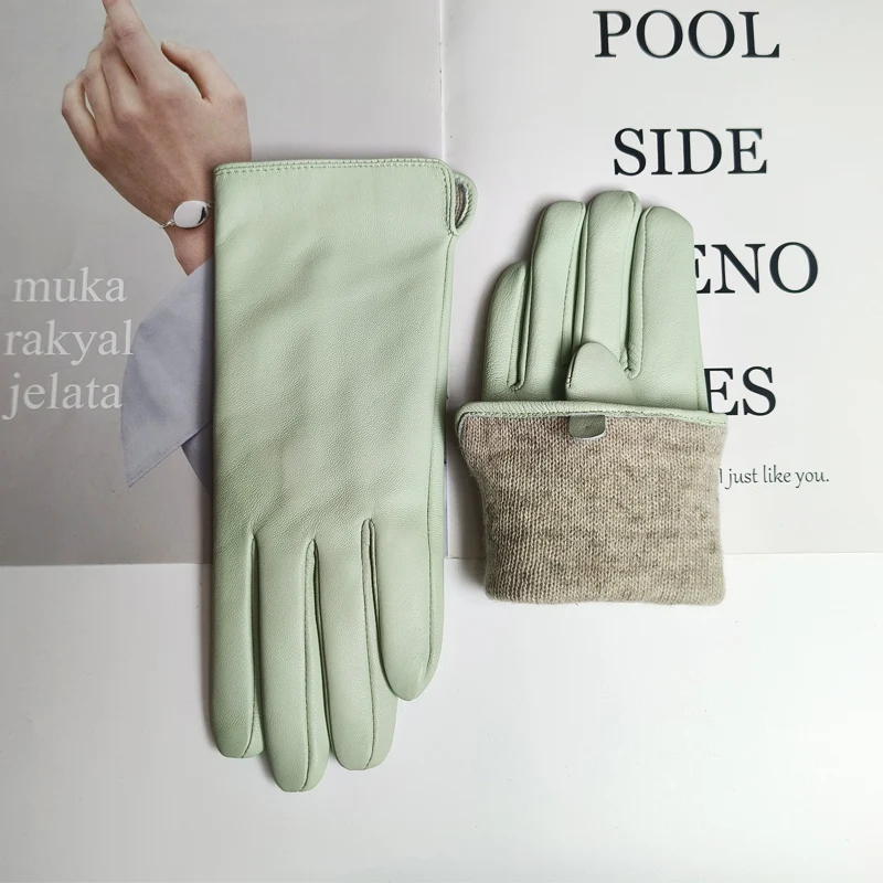 New Women's Leather Color Gloves Sheepskin Classic Straight Style Knitted Lining Spring Driving Mittens Autumn