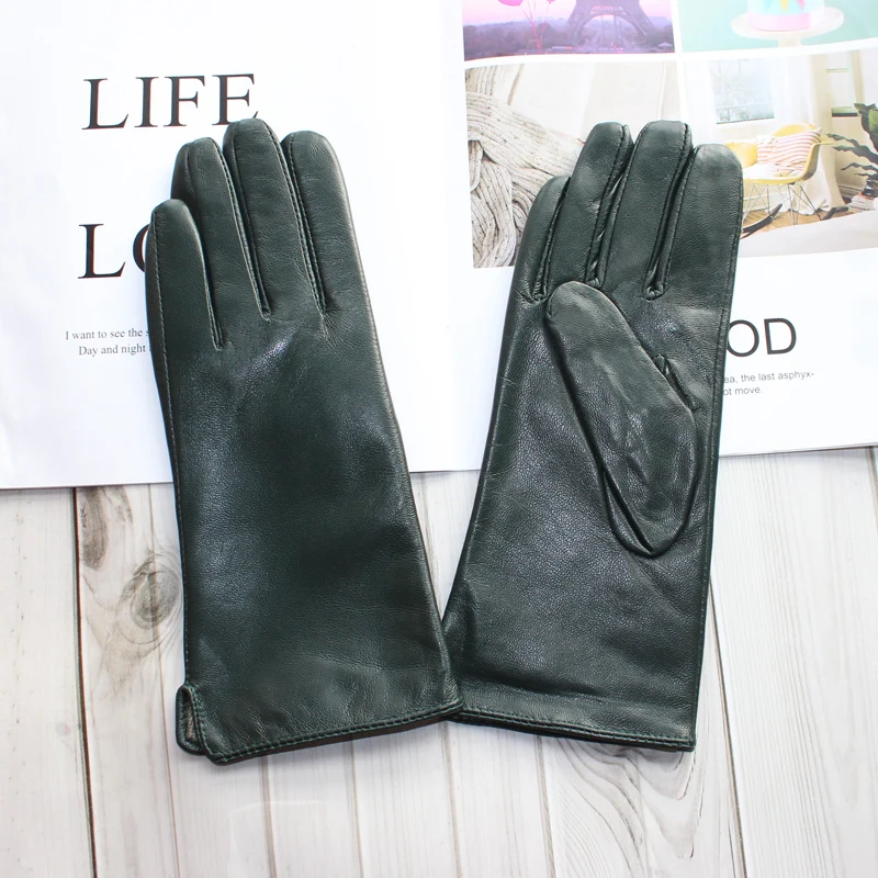 New Women's Leather Color Gloves Sheepskin Classic Straight Style Knitted Lining Spring Driving Mittens Autumn