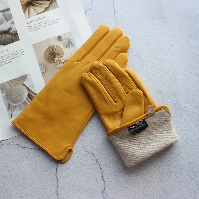 New Women's Leather Color Gloves Sheepskin Classic Straight Style Knitted Lining Spring Driving Mittens Autumn