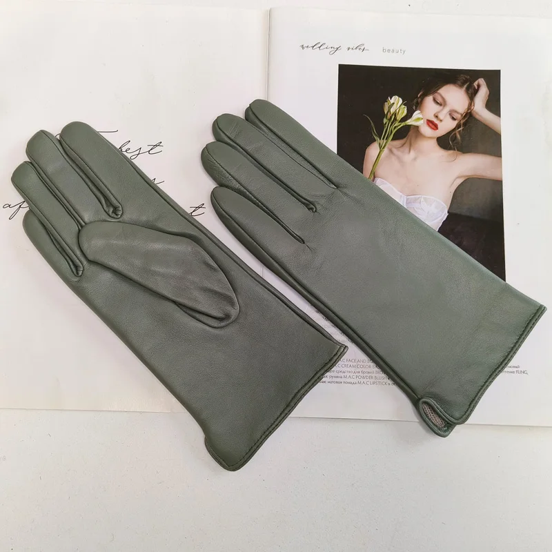 New Women's Leather Color Gloves Sheepskin Classic Straight Style Knitted Lining Spring Driving Mittens Autumn