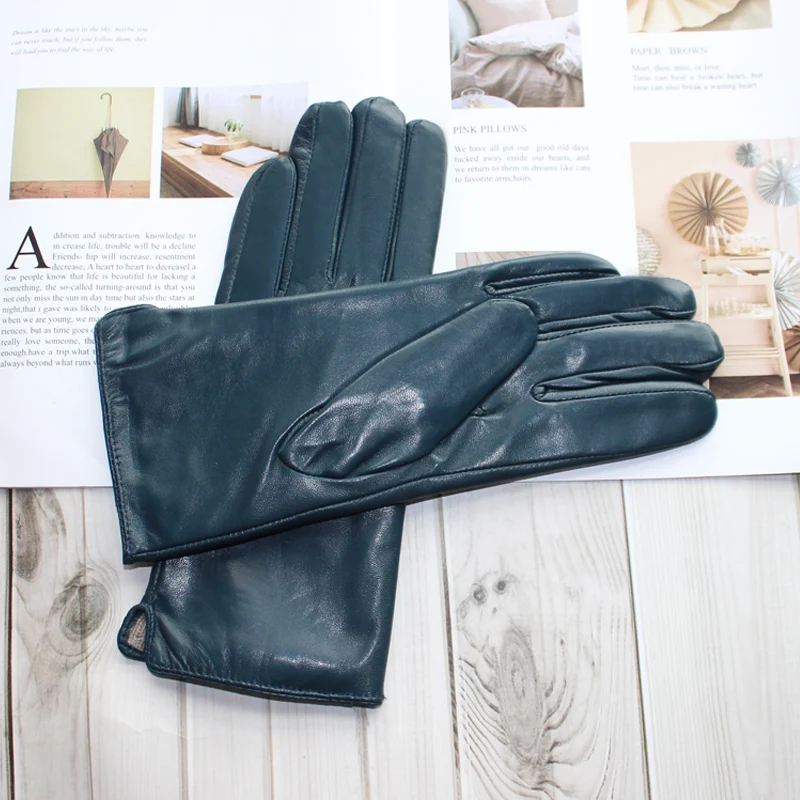 New Women's Leather Color Gloves Sheepskin Classic Straight Style Knitted Lining Spring Driving Mittens Autumn