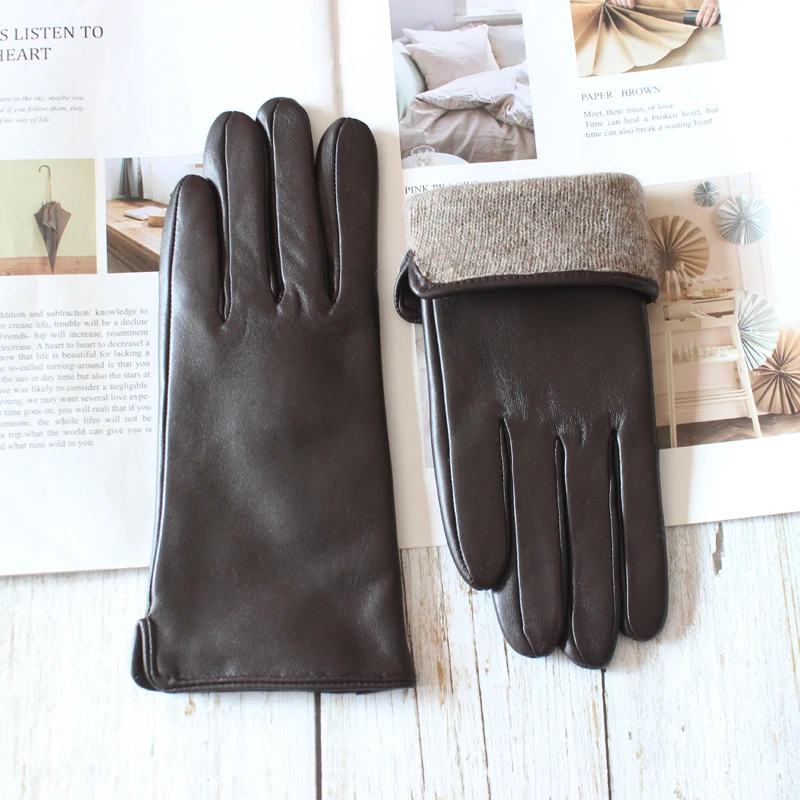 New Women's Leather Color Gloves Sheepskin Classic Straight Style Knitted Lining Spring Driving Mittens Autumn
