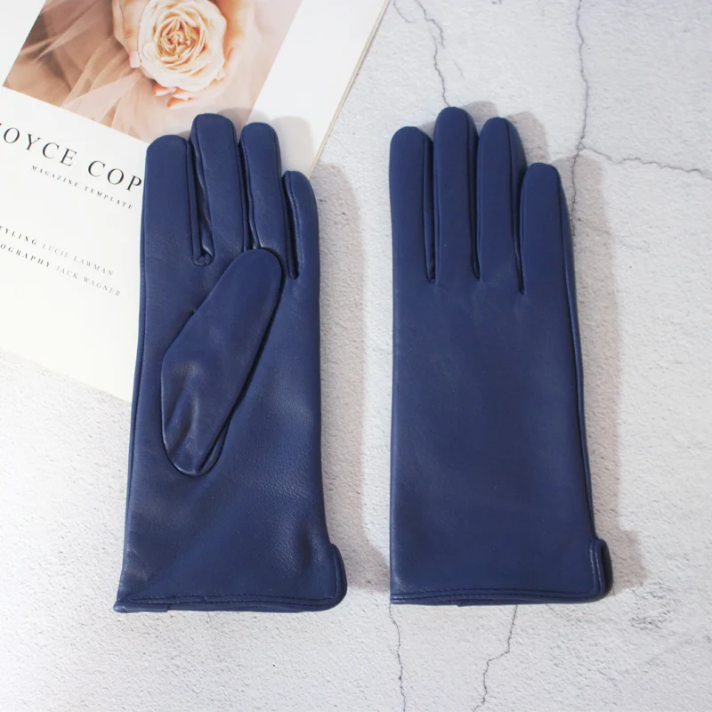 New Women's Leather Color Gloves Sheepskin Classic Straight Style Knitted Lining Spring Driving Mittens Autumn